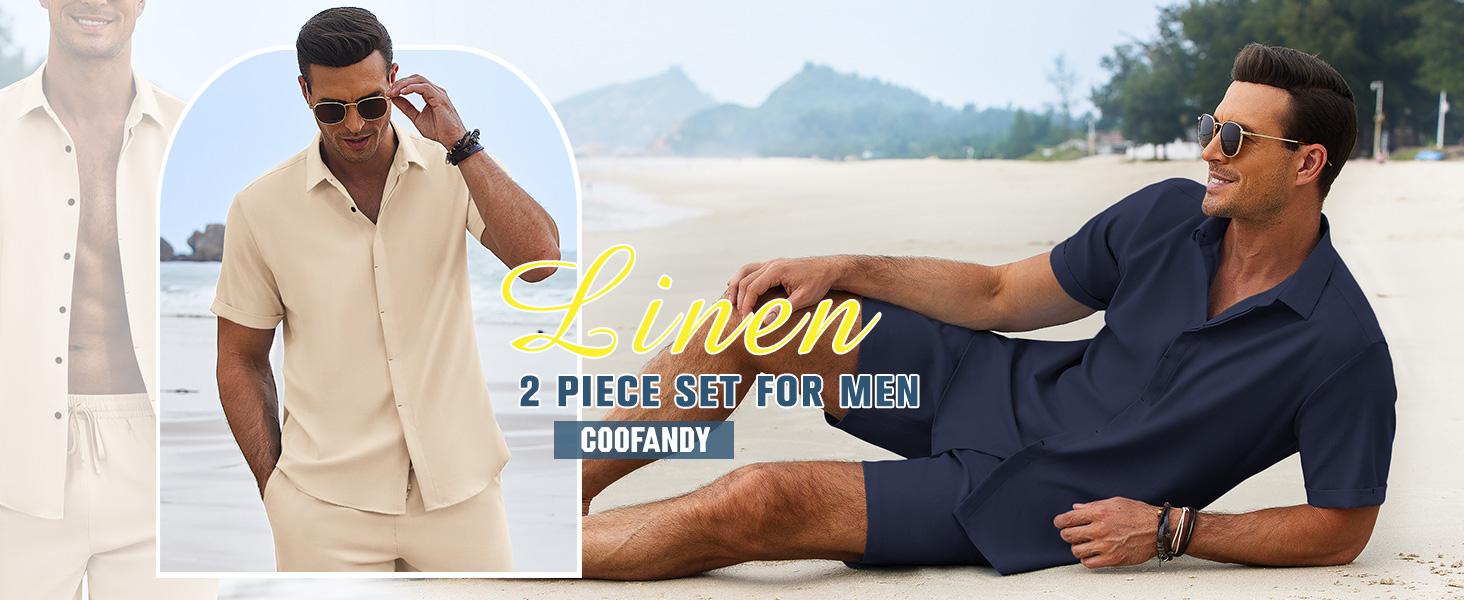 Coofandy Men's Summer Beach Outfit 2-Piece Short Sleeve Shirt & Shorts Set in Premium Linen Texture Fabric for Vacation & Casual Wear