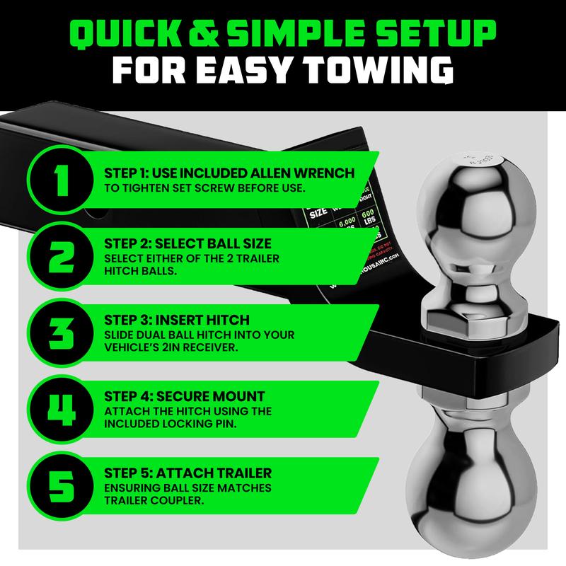 Rhino USA Dual Ball Hitch, Heavy Duty Reversible Tow Hitch Fit 2" Receiver, 2" & 2 5/16" Trailer (10,000 LB GTW) With Weatherproof Anti-Theft Lock Pin