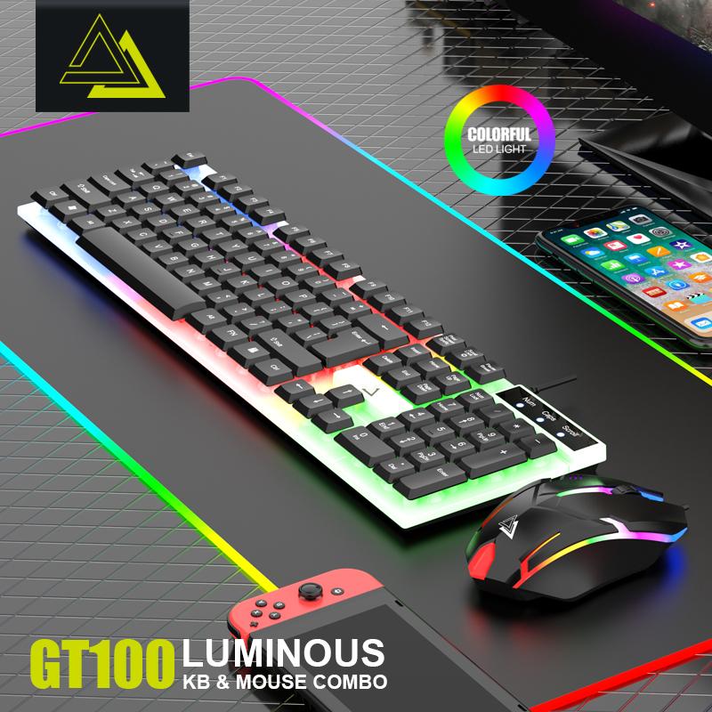 USB Wired Gaming Keyboard Mouse Combo Set RGB LED Backlit For PC / Laptop / Windows / Mac - Black & White