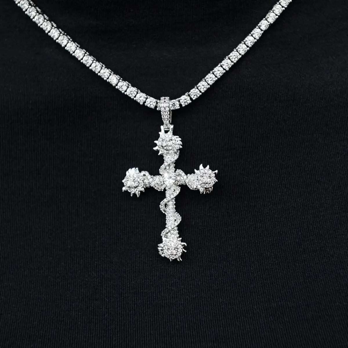 GLD Crystal Iced Spiked Cross Pendant | 14k White Gold Plated Hand-Set Stones Lifetime Guarantee - Perfect Gift(Chain Not Included)