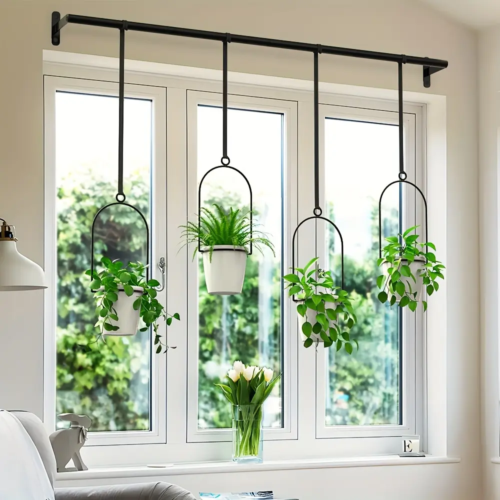 1set Metal Adjustable Hanging Planters, Floating Plant Hangers, Hanging Plant Stand, with 4 Plastic Pots, Rail for Indoor Window & Ceiling Herb Garden, Wall Plant Hanger with Nylon Cords, Black