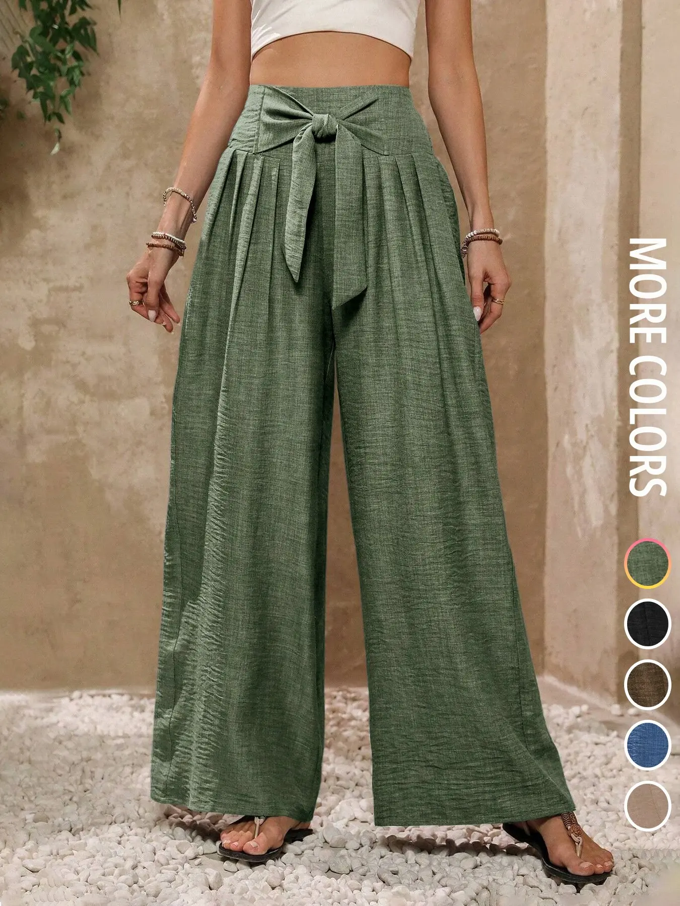 【Back to School Outfits】Stylish Women's Loose-Fitting High Waist Wide Leg Palazzo Pant with Bow, Elegant All Seasons Casual Trousers for Office & Daily Wear