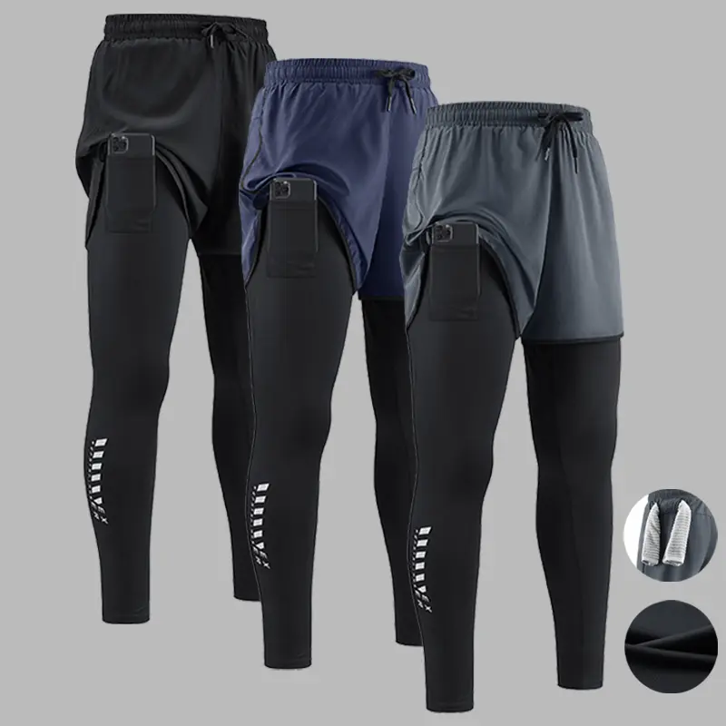 Men's 2-in-1 Slim-Fitting Quick Dry Breathable Compression Running Pants - Elastic Waist, Built-in Phone Pocket, Towel Loop - Male Gym/Outdoor Athletic Tights