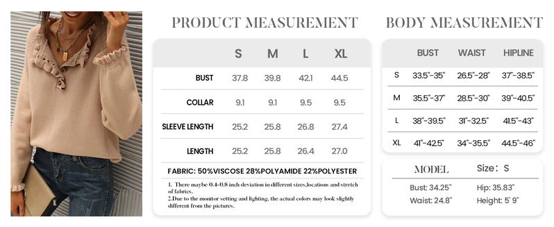 BTFBM Women's Knit Pullover Sweater Tops - Casual Long Sleeve Button Down Crew Neck Ruffle Solid Color Striped - Knitwear, Womenswear