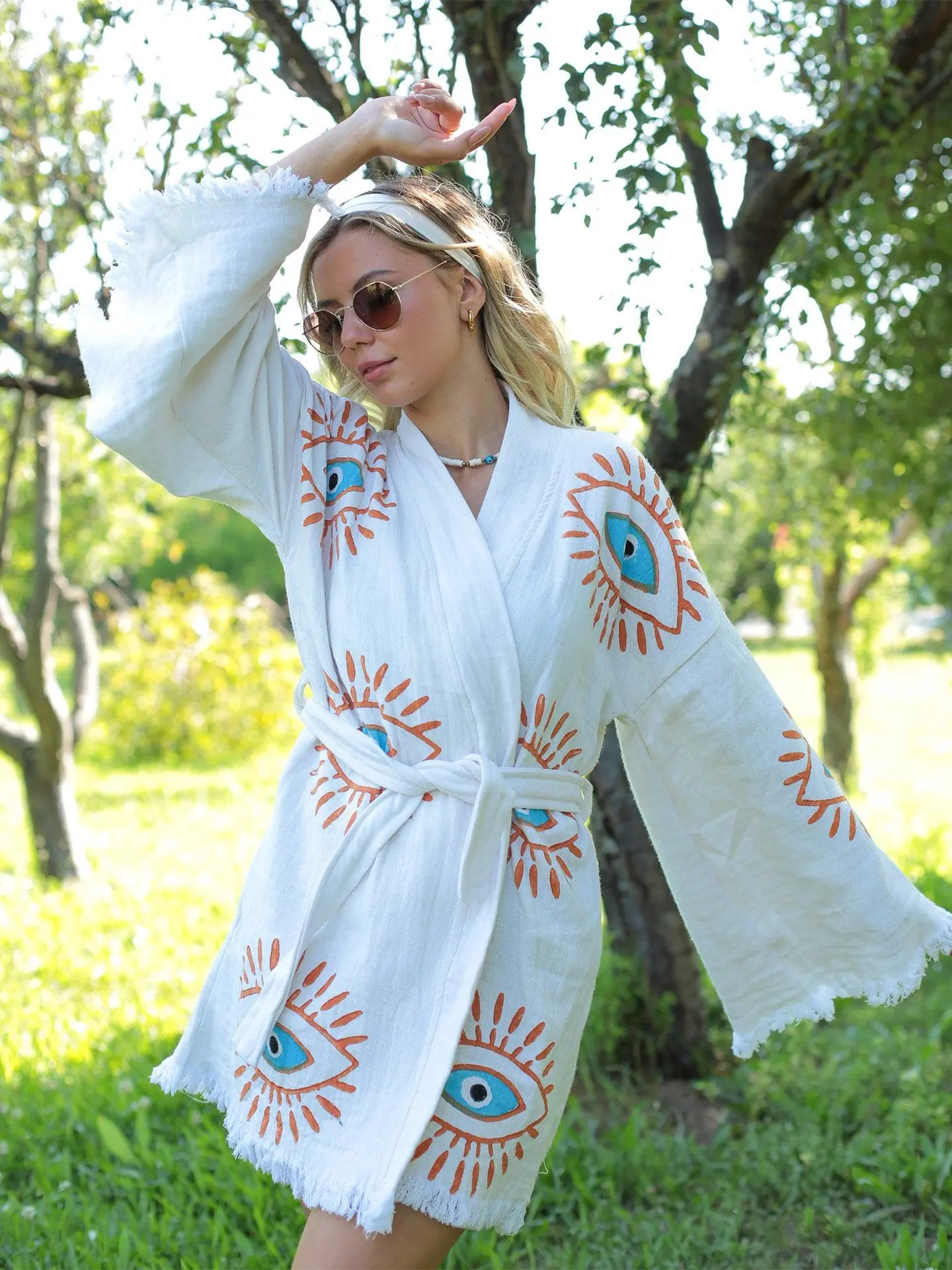 Women's Organic Cotton Hand-Printed Retro Evil Eye Long Sleeve Short Kaftan Kimono Robe - Adjustable Strap, Belt Tie-Up, Loose-Fitting, Breathable Fabric, Comfortable Loungewear, Greek Vibe, Home Lounging, Picnics, Cold Wash, Do Not Bleach, 10250M
