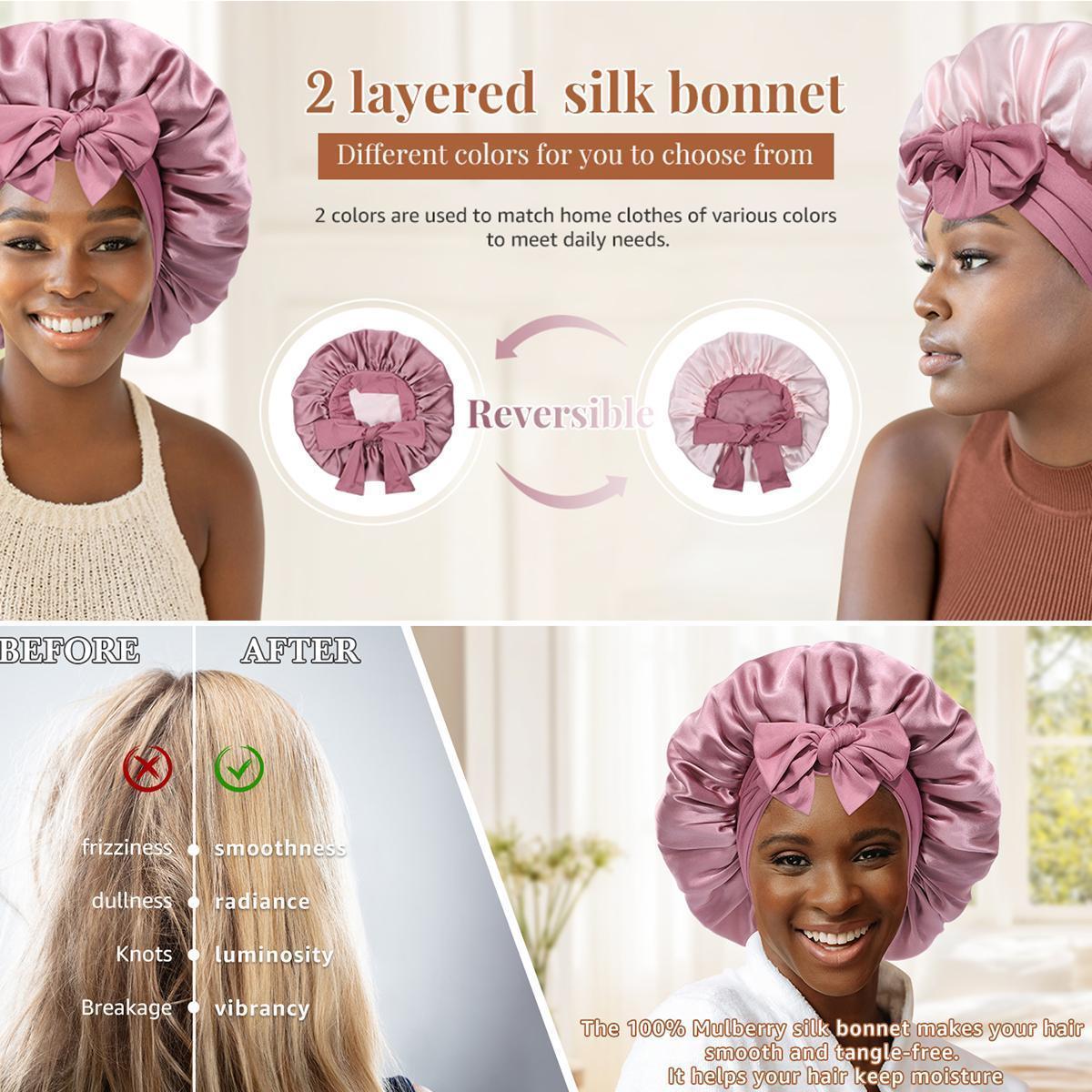 AWAYTR Silk Bonnet for Sleeping Women 100% Mulberry Silk Bonnets Double Layered Night Cap with Tie Band Reversible Hair Bonnet Sleeping Hair Wrap Pink Haircare Cap Heatless