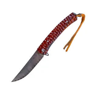 Damascus Steel Knife Scraped Wood Handle Liner Lock 3.75" Blade 8.2" EDC Wooden