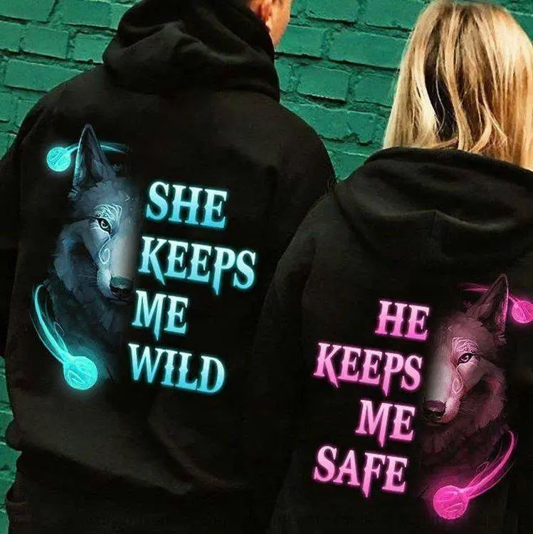 Matching Couple Shirts, She Keeps Me Wild He Keeps Me Safe Tee, Wolf Couple Sweatshirt, His and Hers Matching Hoodie Anniversary Gift
