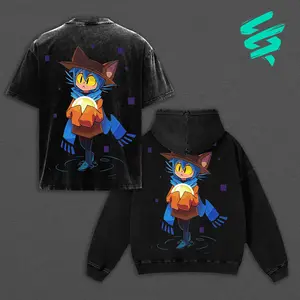 Official OneShot Niko Graphic Apparel Vintage Washed Black Hoodie Sweatshirt Short Sleeve T-Shirt Unisex Loose Fit Retro Gaming Clothes Cute Anime Cat Boy Niko Sun Lightbulb Print Plus Size Top
