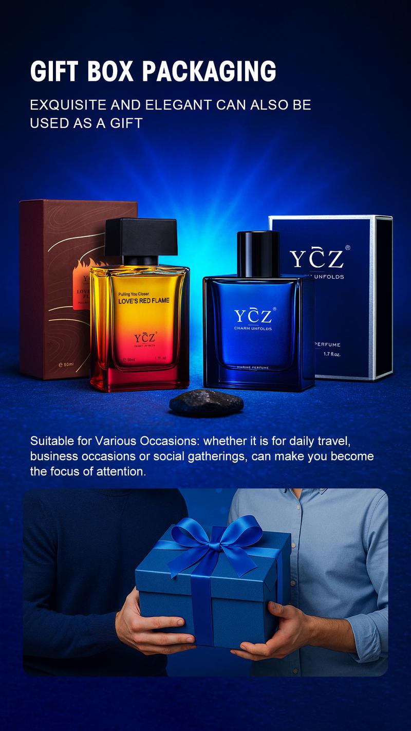 YCZ Men's Cologne 2-Piece Set - Love's Red Flame Woody Spicy Fruity & Midnight Marine Perfume - 50ml Each - Ideal for Daily & Outdoor Use - Fragrance Gift Bundle Charm Unfolds