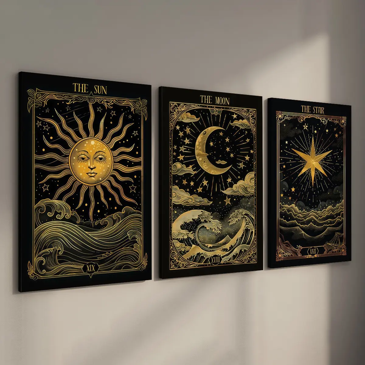 3Pcs/Set Framed Vintage Design The Sun The Moon The Star Golden Tarot Card Print Wall Art, Witchy Canvas Posters, Graphic Prints, Ready To Hang, Decorative Artwork Wall Decor For Gift, Living Room, Bedroom, Home & Dormitory Decoration