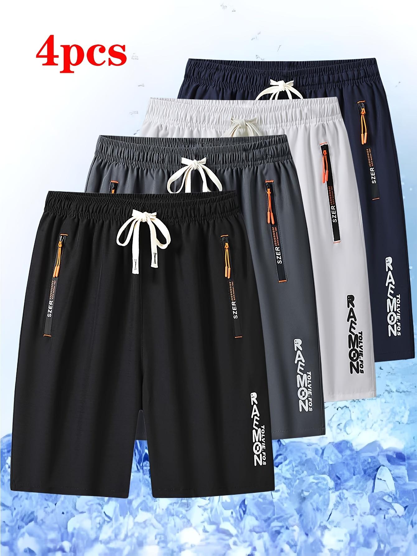 Men’s 4-Pack Plus Size Ice Silk Knee-Length Shorts — Lightweight, Breathable, Stretch Summer Wear with Drawstring Elastic Waist and Zipper Pockets; Simple Multi-Pocket Design for Everyday Use, Ideal for Running, Fitness, Travel, and Indoor/Outdoor Sports—
