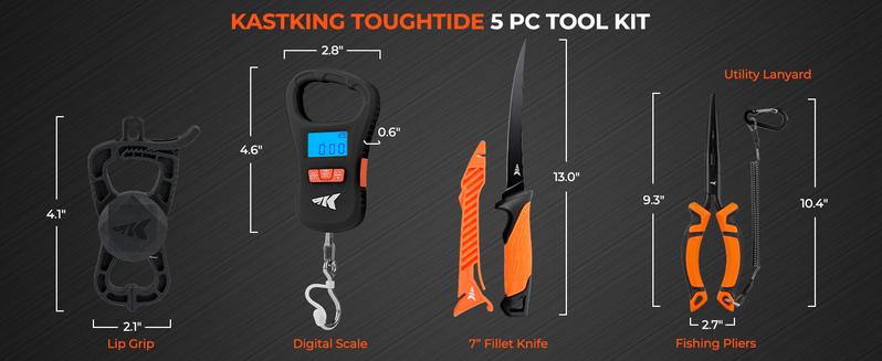 KastKing SteelStream/ ToughTide  Fishing Tool Kit - Fishing Pliers with Lanyard, Fillet Knife, Floating Fish Lip Gripper, Fishing Braid Scissors, Tool Retractor, Fishing Hook Remover, Bungee Cords ToughTide Tools Kits Carabiner Outdoorfun