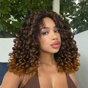 Curly Half Wig 14 Inch Water Wave Wigs with Hand-Tied3 In 1 Short Glueless Deep Wavy Wig With Adjustable Drawstring for Women Daily Party Ombre Brown Mixd Blonde Highlighted