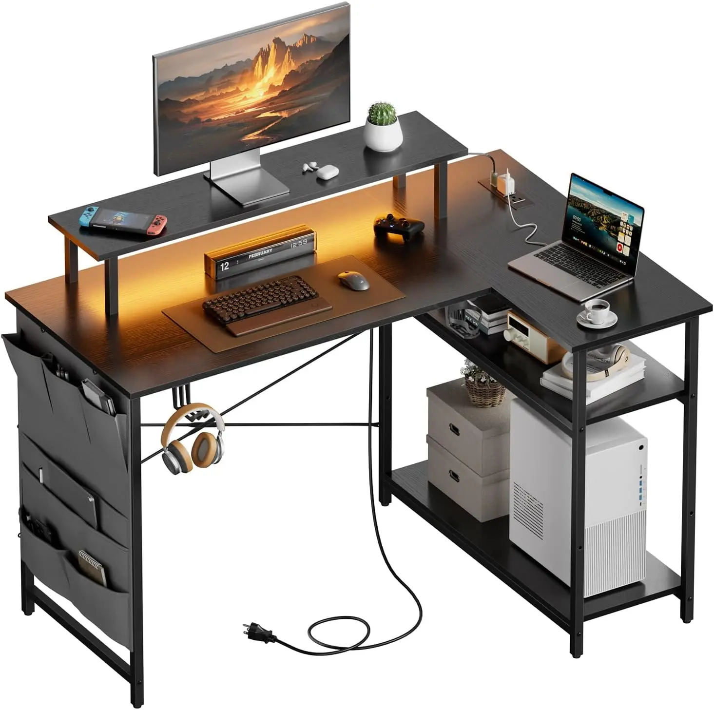 Ecofurnix Reversible L-Shaped Gaming Desk - 44-in Compact Office Furniture for Small Spaces, Adjustable Multi-Function Desk with Thick Desktop, Power Outlet, LED Lights, Shelf Storage, Monitor Stand (Oval-Designed), Desks For Gaming