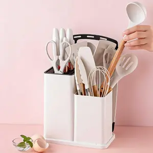 TikTok Shop Spring Break | 19-Piece Kitchen Utensil Set with Knife Rack — kitchen accessories & gadgets, Galentine’s Day gift, Valentine’s Day gift, wooden handle heat-resistant silicone utensils: chef’s knife, cutting board, scissors, pasta spoon, whisk,