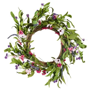 VEVOR Artificial Decorative Wreath,  , 22 in, Pink Green, Decorated with Daisies, Babysbreath, Buds, Year Round Wreath for All Seasons Indoor and Outdoor Home Wall Window Festival Wedding Decorations