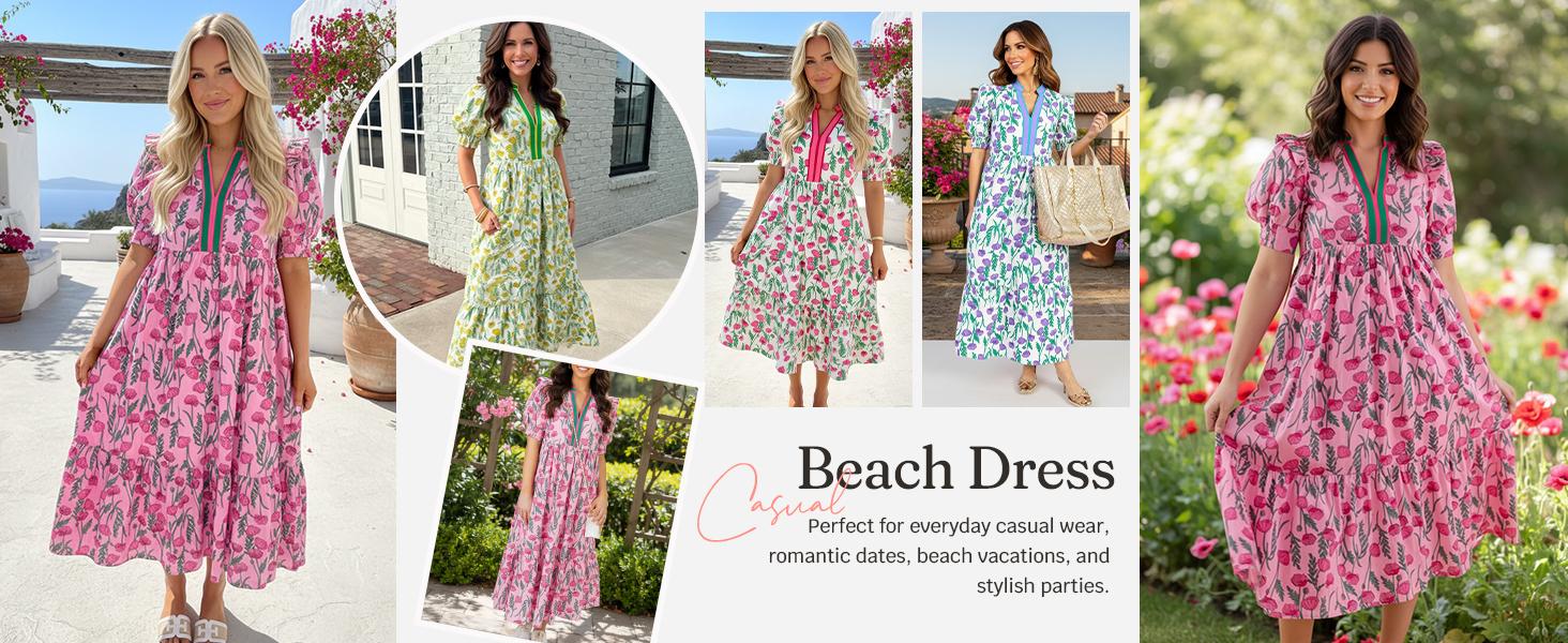 Wenrine Women's Summer Midi Dress Casual Floral Puff Short Sleeve V Neck Swing Flowy Boho Beach Dresses with Pockets Wenrine Women's Summer Midi Dress Casual Floral Puff Short Sleeve V Neck Swing Flowy Boho Beach Dresses with Pockets