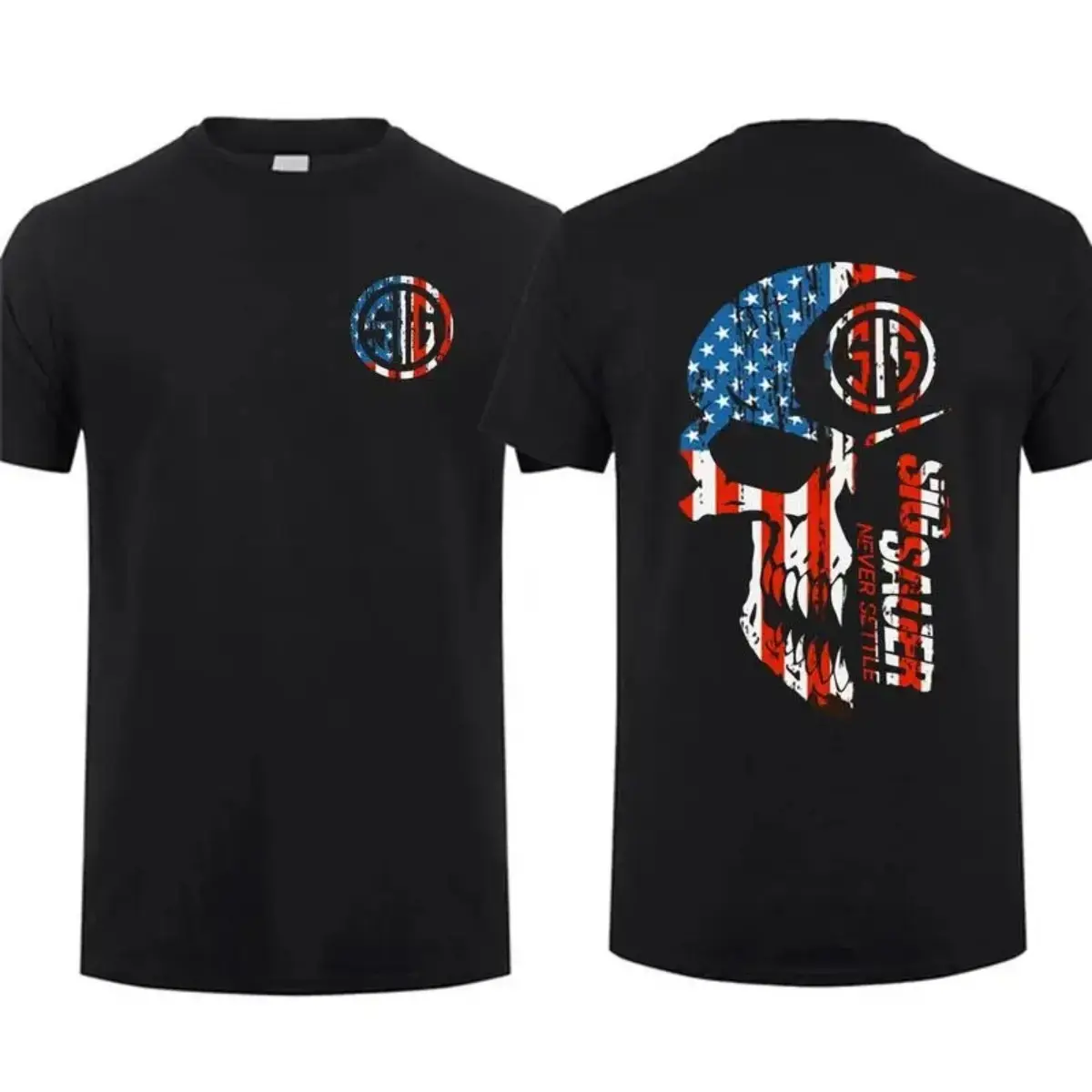 Men's 2-Sided American Flag Graphic Tee, Unisex Casual Short Sleeve Round-Crew Neck Cut Soft Top, Tactical Gear for Gun Enthusiasts, Round Neck