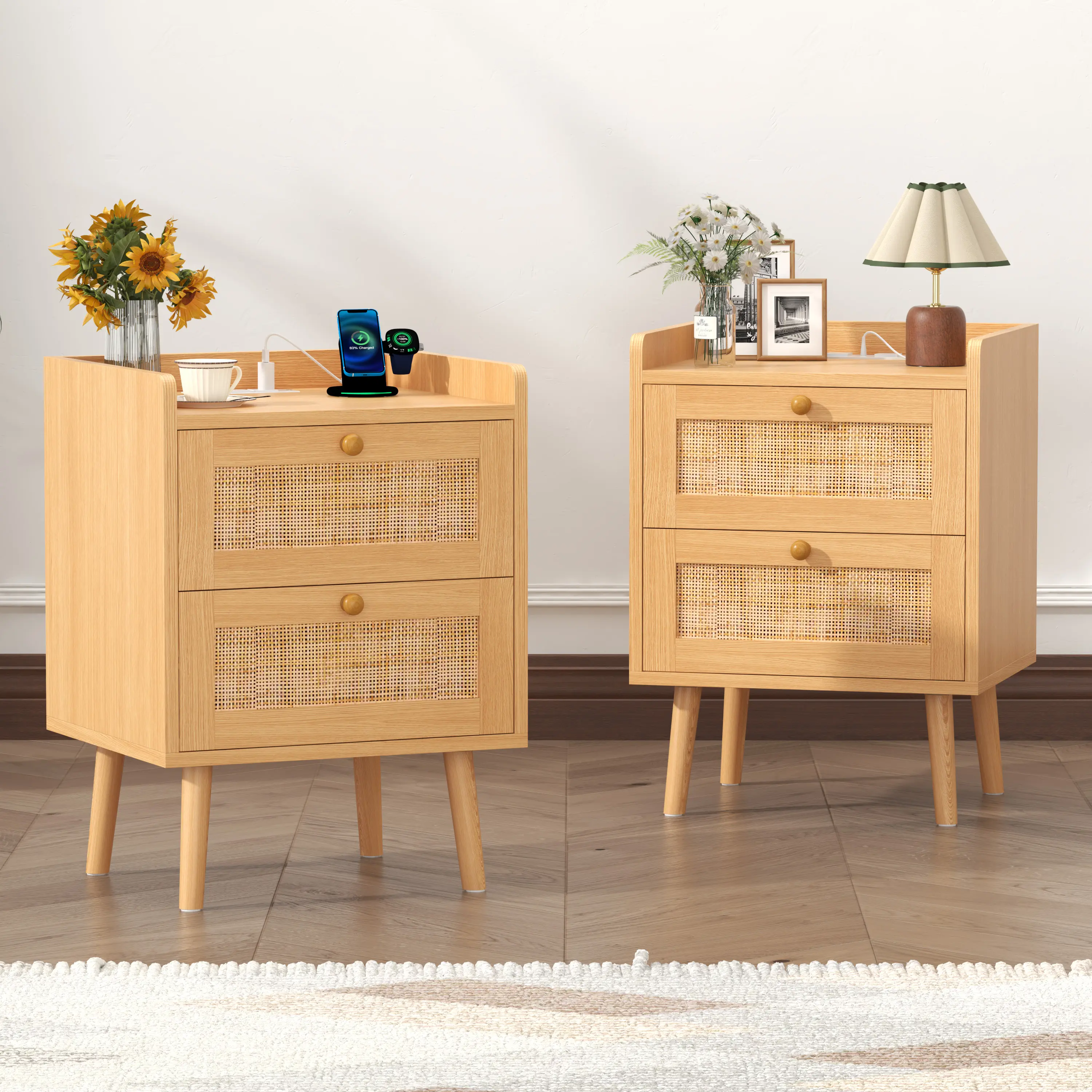 Rattan Nightstand with Charging Station, Rattan Boho End Table with 2 Drawers Bedroom Bedside Side Tables Natural Night Stand for Living Room,Bedroom,Dorm Room Essentials fathers day gift ideas,dorm essentials,home decor