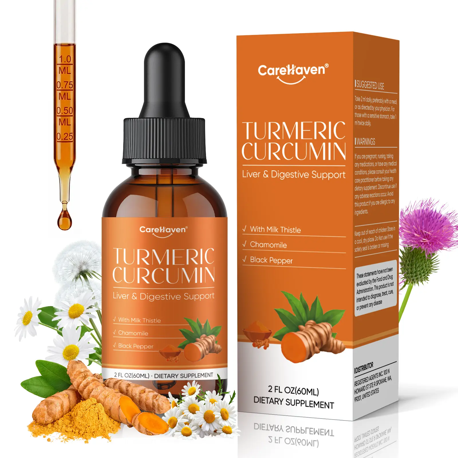 CareHaven Turmeric Curcumin & Milk Thistle Organic Liquid Drops, Prop 65 Safe Liver Aid Botanical Mix with Dandelion, Chamomile, Black Pepper, Ginger, Orange Flavor, 2 fl oz Single Bottle