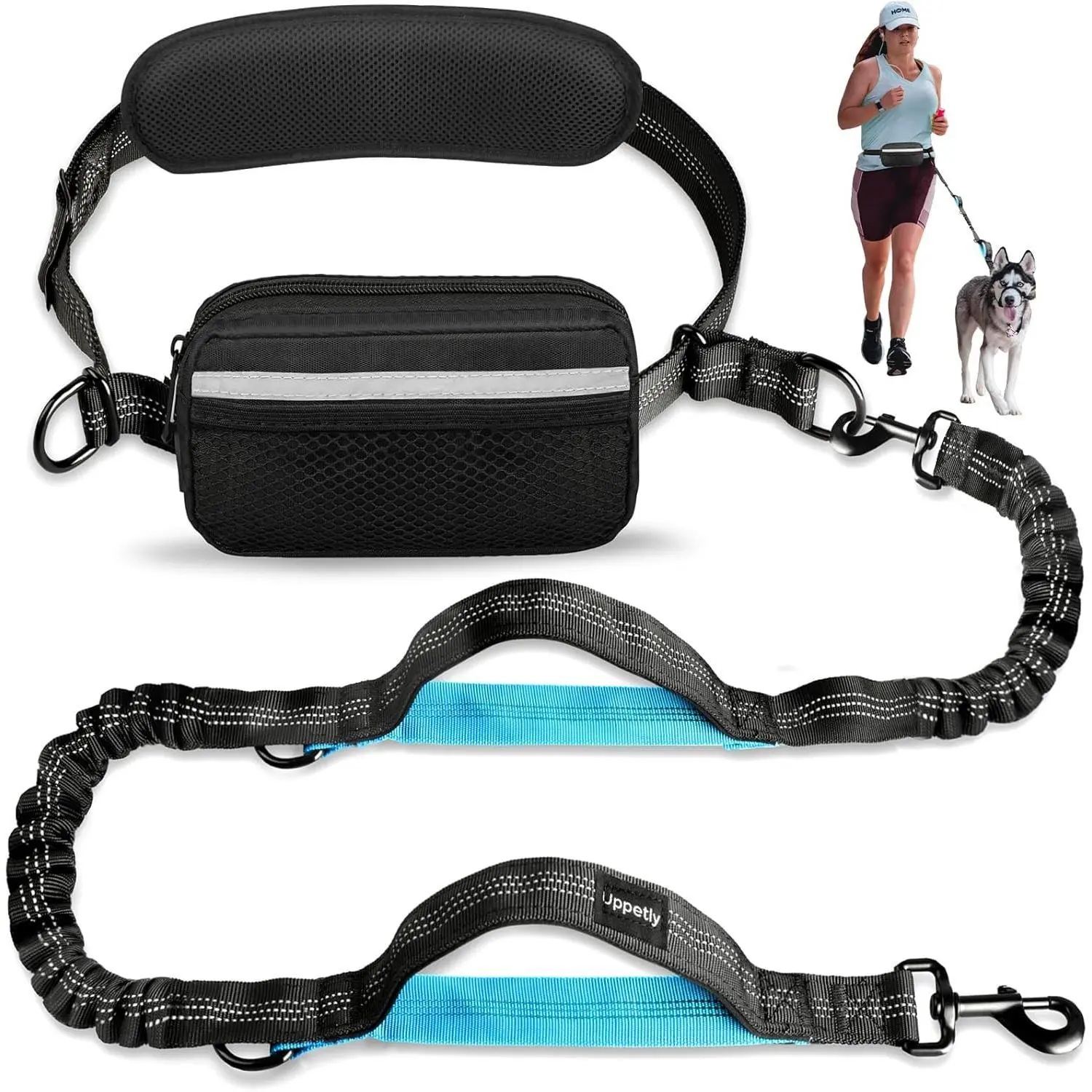 Hands Free Dog Leash for Daily Walks & Casual Outdoor Fun, Adjustable Waist Belt with 6.4" L x 3.6" H x 1.2" W Removable Pouch, Breathable Lumbar Support, Dual Padded Handles, Shock-Absorbing Bungee, Reflective Design for Medium-Large Dogs, Heavy-Duty Buc