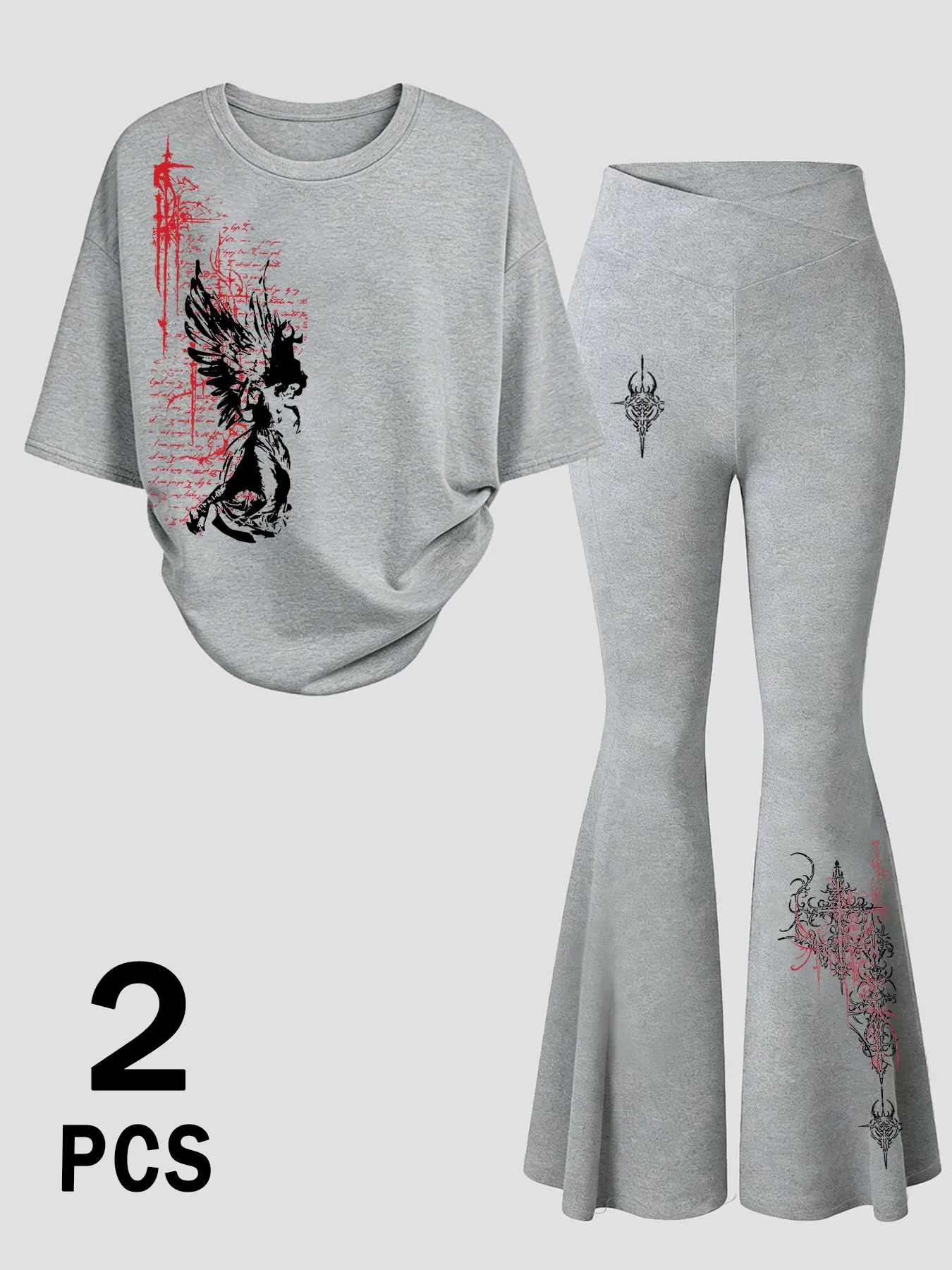 Y2K Gothic Angel Print 2-Piece Set | Oversized Black Tee & Flare Pants | Grunge Punk Aesthetic Outfit for Streetwear & Daily Wear | Trendy Co-ord Set