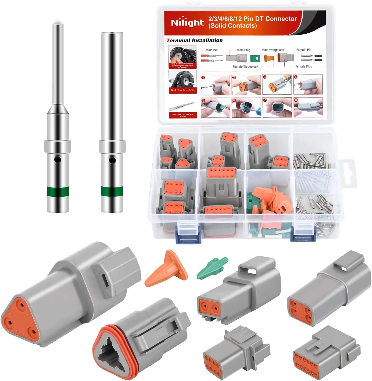 Nilight Durable Reliable Terminal Plug Kit - 3 Sets of 2/3/4/6/8/12 PIN DT Series Size 16 Solid Contacts, PA66 Nylon, IP67 Rated, 13 A, Waterproof Receptacle, High-Temp Resistant 14-20 AWG Wire Connection for Automotive Maintenance