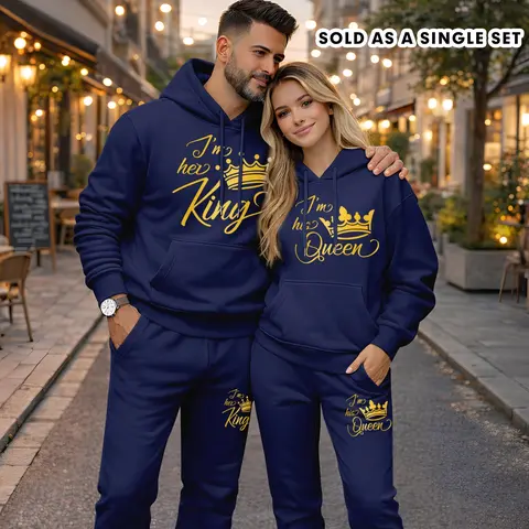 Men's 2-Piece Minimalist King & Queen Letters Tracksuit (Size M) - 100% Polyester, Long Sleeve Hooded Sweatshirt, Loose Fit Drawstring Sweatpants, Machine Washable Casual Athletic Couple Set for Autumn Winter, Warm Sporty Chic