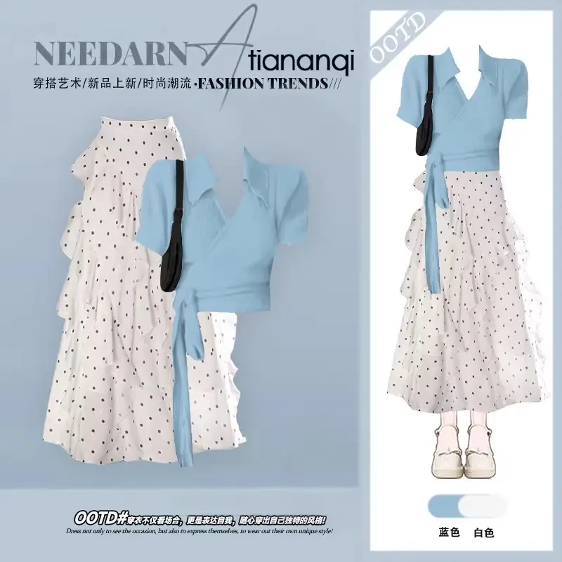 Spring Sweet Korean Outfit, Chic Blouse Matching Irregular Dot Printed Skirt Women Suit