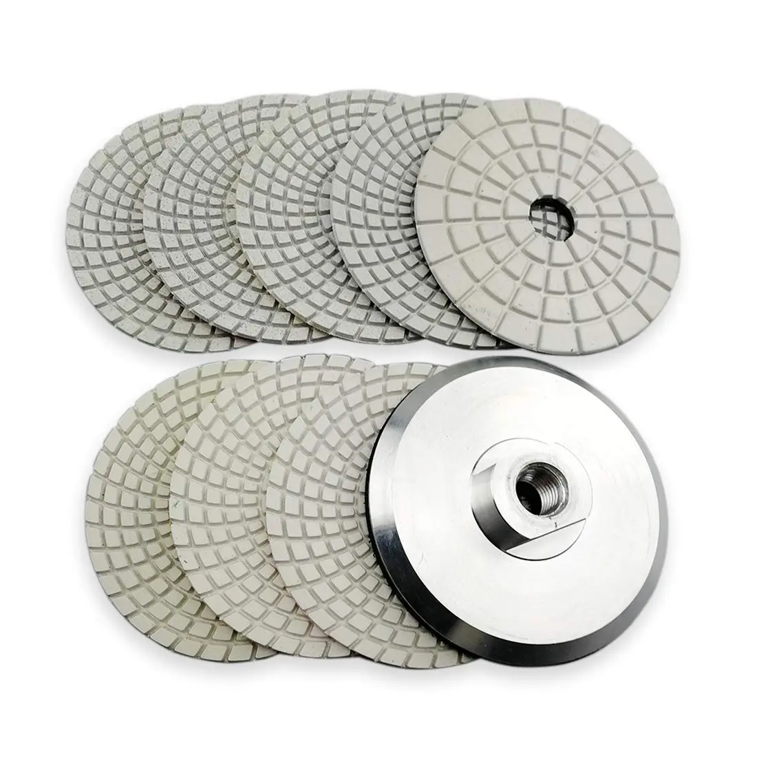 Diamond Polishing Pads Set of 8 - 4-Inch (100mm) Flexible Wet Pads with 5/8-Inch-11 Threaded Base Aluminum Backer for Marble Polish, Granite Fit Applications
