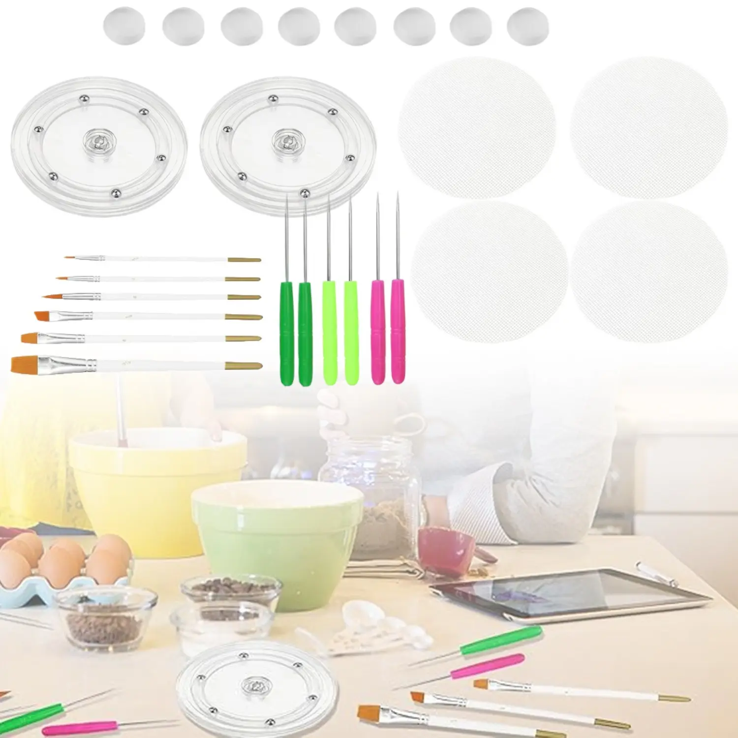 Cookie Decorating Kit Supplies Including 2 Acrylic Cookie Turntable 6 Cookie ScribeNeedle, 4 Silicone Mesh Mats, 6 Cookie Decoration Brushes, 8 Rubber Feet Bumpers Plastic Steel Synthetic Transparent kitchen supplies party supplies