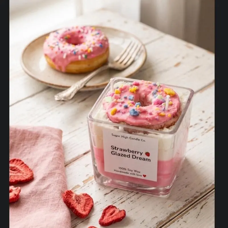 Sugar High Candle Co. Strawberry Glazed Dream Soy Wax Candle Handmade with Love Pink Donut Scent Aroma Cozy