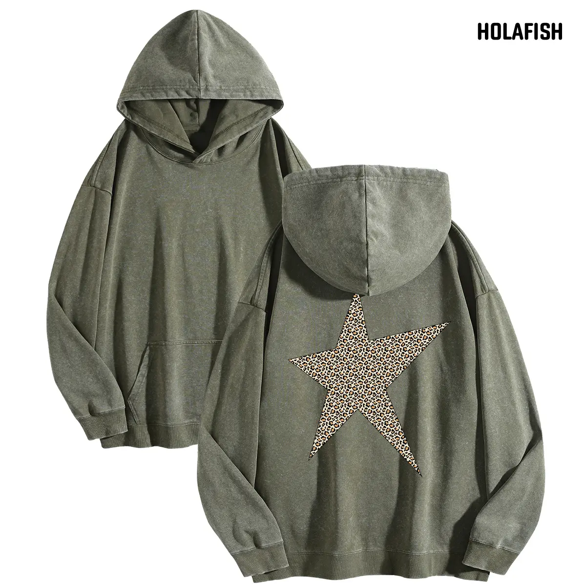 Holafish STAR Women's Cotton Fabric Long Sleeve Acid Wash Vintage Fashion Hoodies - Unisex Oversized Loose Fit Heavyweight Winter Warm Tunic, Cute Print Streetwear for Casual Cold-Weather Matching Wear