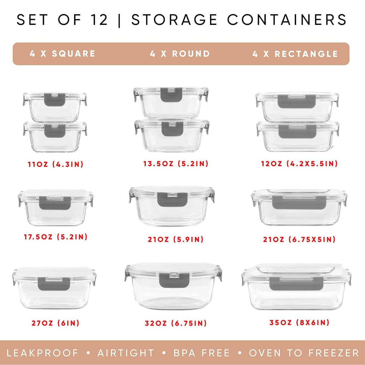 24pc Borosilicate Glass Storage Containers with Lids | 12 Airtight/Freezer Safe Food Storage Containers for Pantry and Kitchen | Meal Prep Container for Lunch | Glass Tupperware Set