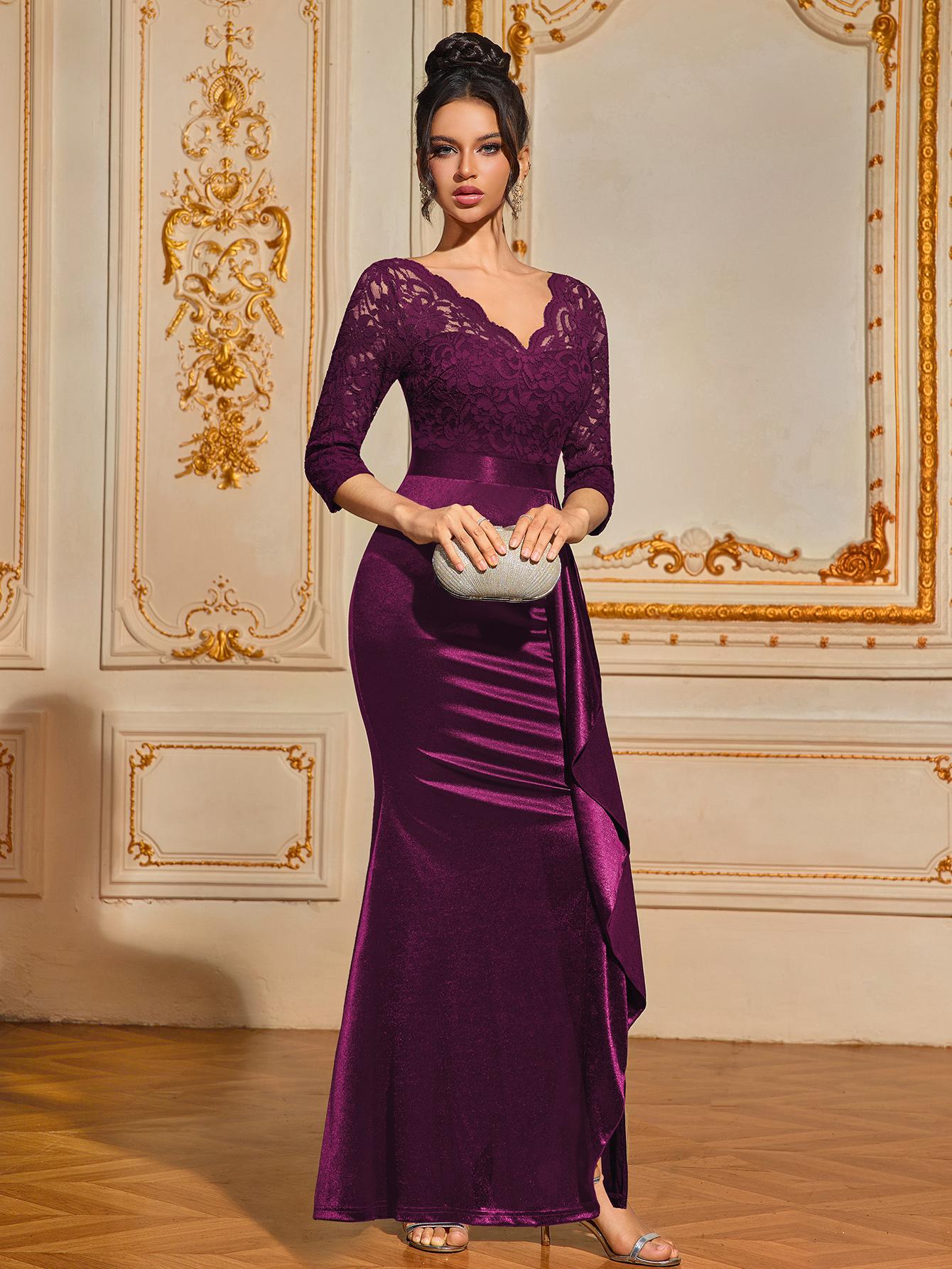 Miusol 23187 V Neck Contrast Lace Ruffle Satin Evening Party Maxi Formal Dress Womenswear Elegant Wedding Guest graduationdress Bridesmaid Dresses prom dress SpringStatements Miusol 23187 V Neck Contrast Lace Ruffle Satin Evening Party Maxi Formal Dress Womenswear Elegant Wedding Guest graduationdress Bridesmaid Dresses prom dress SpringStatements