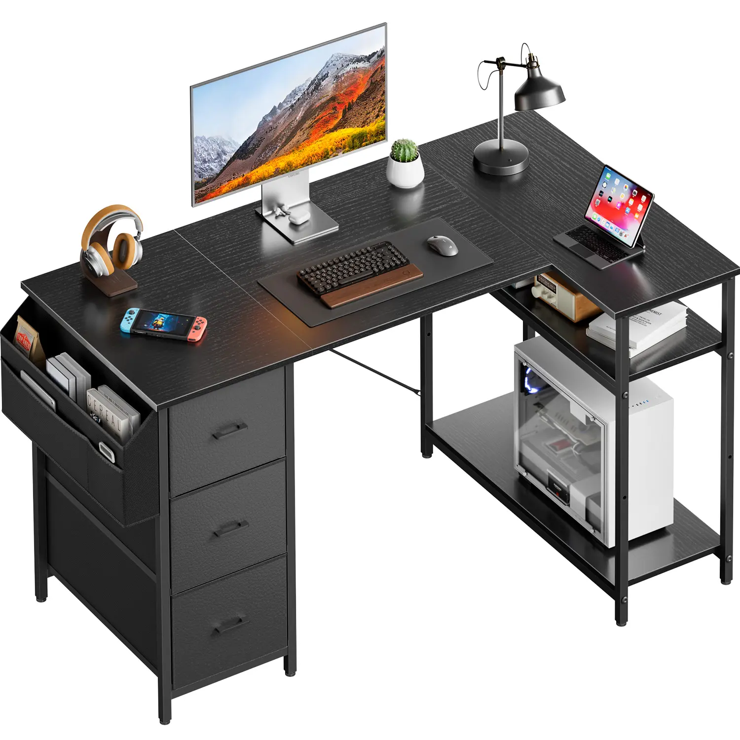 Ecofurnix L-Shaped Gaming Standing Desk - Adjustable Height Table, Heavy-Duty Wood Office Furniture, 3-Drawer Storage, CPU Stand, X-Frame, Easy Assembly, 27+ in Height, WFH Use, Dual Monitor Setup, Desks for Gaming (Black/White/Brown, 30+ Lbs)