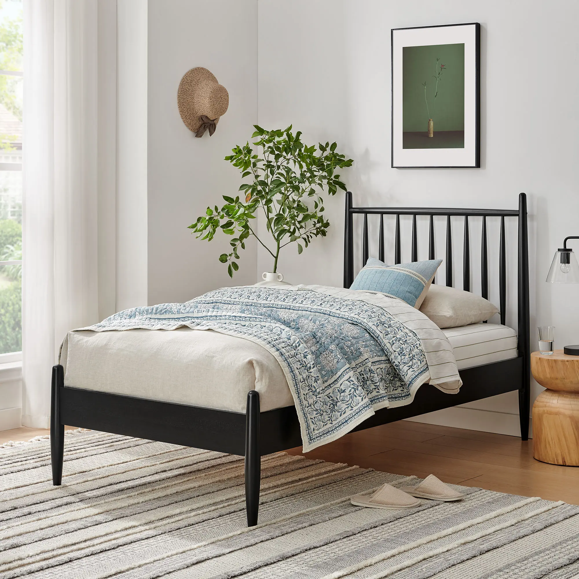 Modway Zane Single Twin Size Classic Spindle Bed Frame - Black Rubberwood, 800lbs Capacity, Strong, Durable, Smooth, Easy-Fitting, Modern Home Decor for Kids’ Rooms Indoor Furniture