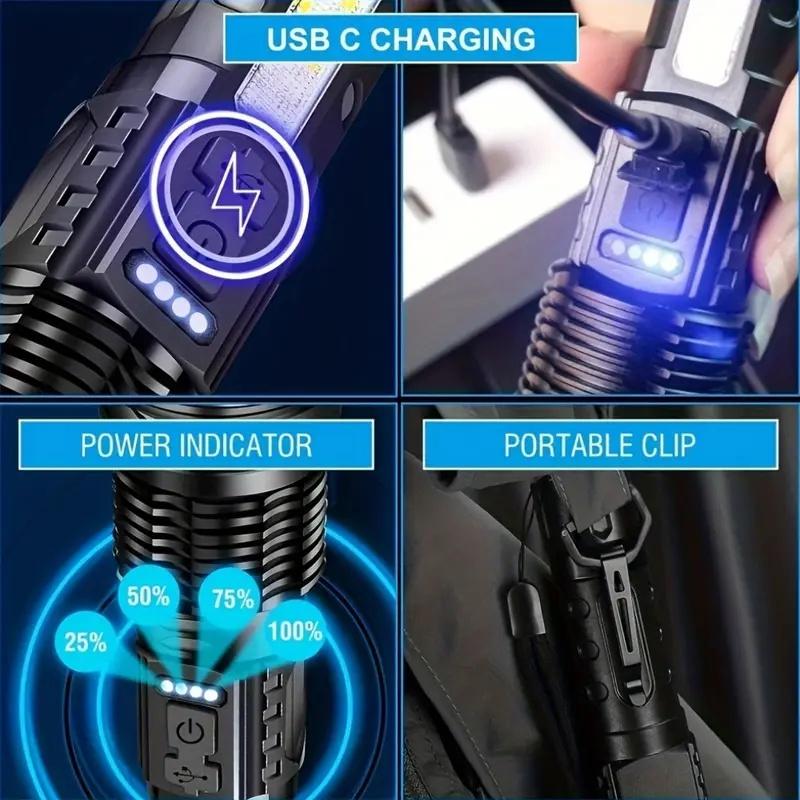 BUY 1 GET 1 Rechargeable handheld Flashlight 5 Light Modes White Red Blue USB-C Charging Battery Indicator Zoomable Beam for Outdoor garden Use nighttime security