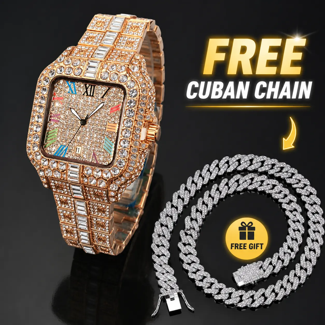 Men's Modern Fashionable Wristwatch - Diamond-Encrusted Analog Quartz Dial, Square Rhinestone Alloy Frame, Buckle Closure, Free Cuban Chain Gift, Hip Hop Party Wear Luxury Fashion Male Watch Accessory