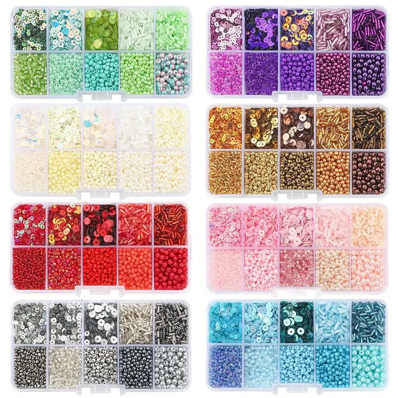 10-Grid Acrylic Bead Mix Assortment DIY Kits - Rice Beads, Sequins, Imitation Pearls, Beading Accessories for Adults, Handmade Bag & Clothing Embroidery Craft Supplies rhinestone bedazzling kit Beaded Edge