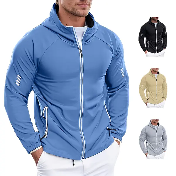 Men’s slim-fit hooded sports jacket, multiple colors, zipper closure, stretchy and breathable casual training jacket for fitness and running