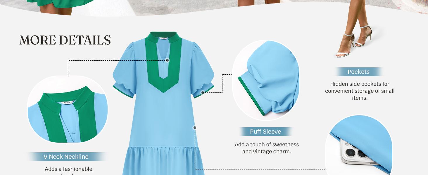 Wenrine Women's Summer Mini Dress Casual Short Puff Sleeve V Neck Color Block Loose Beach A Line Dresses with Pockets Wenrine Women's Summer Mini Dress Casual Short Puff Sleeve V Neck Color Block Loose Beach A Line Dresses with Pockets