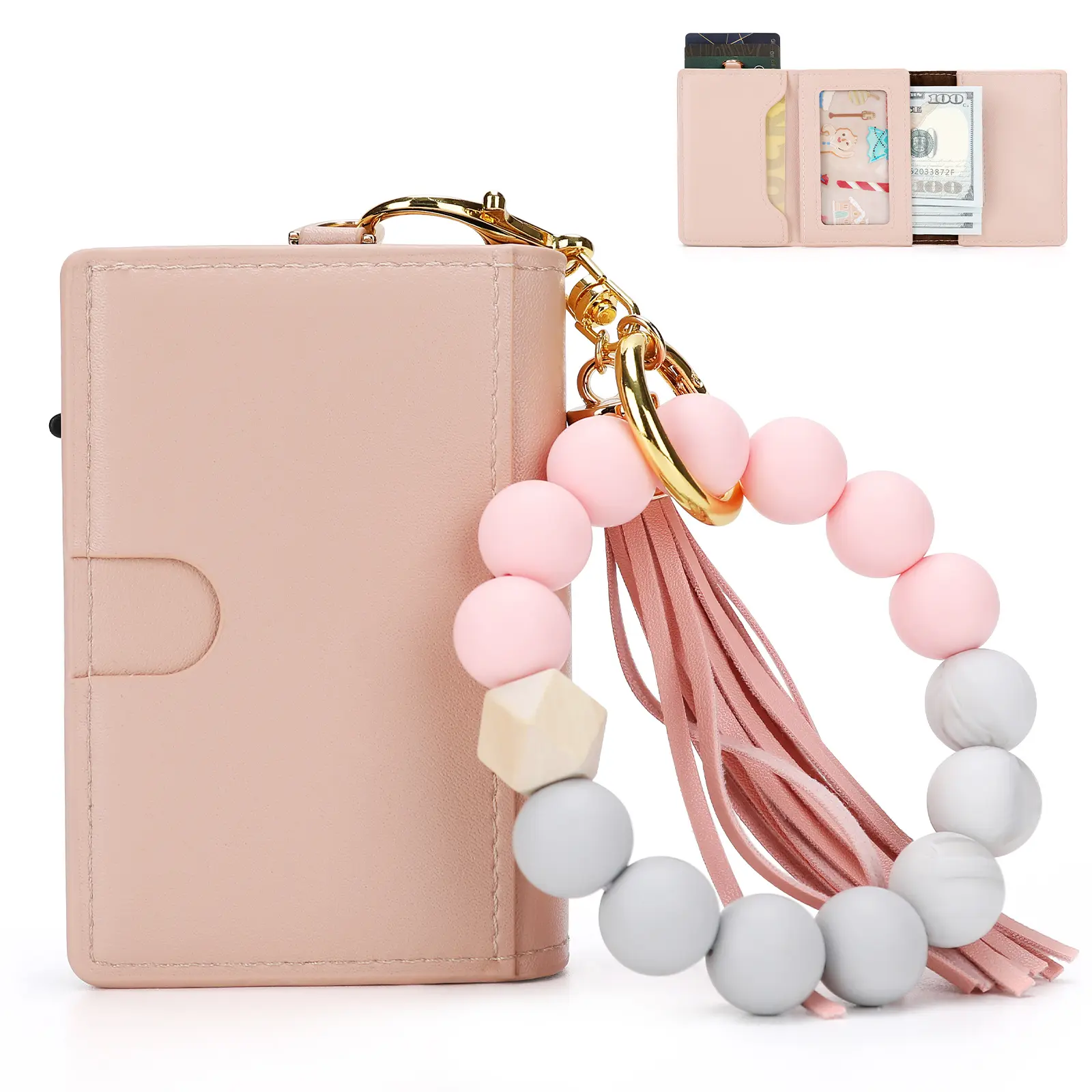 Card Wallet for Women Boho Credit Card Holder KeychainWristlet,Smart Card Wallet, Macaron Color BeadedBracelet,Woman Gift Mini Card Wallet with Tassel
