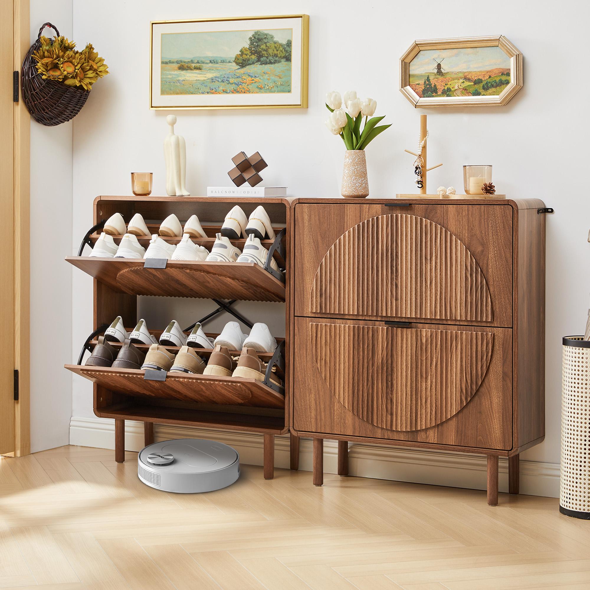 Giratree Modern Wooden Shoe Cabinet for Entryway, Slim 2-Tier Flip Drawers with Hidden Storage, Freestanding Narrow Shoe Organizer, Elegant Half-Moon Fluted Design, Perfect for Hallway or Small Apartments Giratree Modern Wooden Shoe Cabinet for Entryway, Slim 2-Tier Flip Drawers with Hidden Storage, Freestanding Narrow Shoe Organizer, Elegant Half-Moon Fluted Design, Perfect for Hallway or Small Apartments