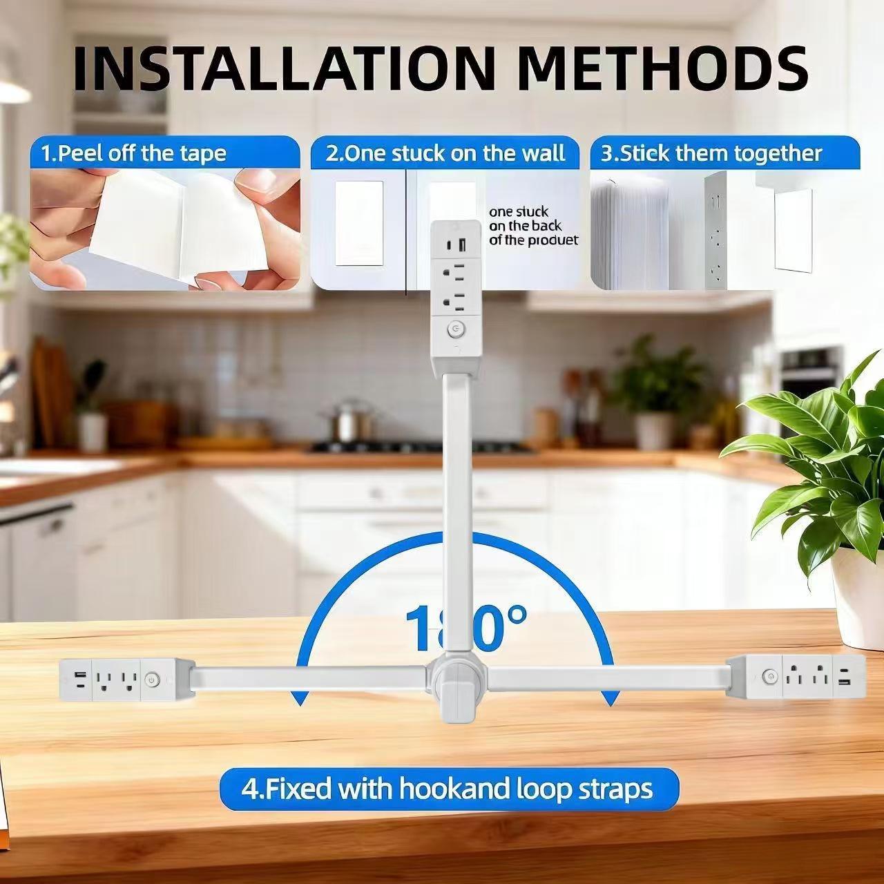 Outlet Extender Outlet electrical  Mountable Multi Plug Wall Outlet, with USB-A  USB-C & 2 AC, Extendable 22-34" Rotatable 180°  Surge Protector Power Strip,UL-certified power  cord,ideal for behind furniture in home/office