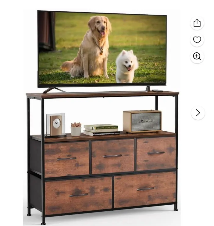 TV Cabinet Stand, 5 Fabric Drawers & Adjustable Feet for Bedroom, Rustic Brown-1
