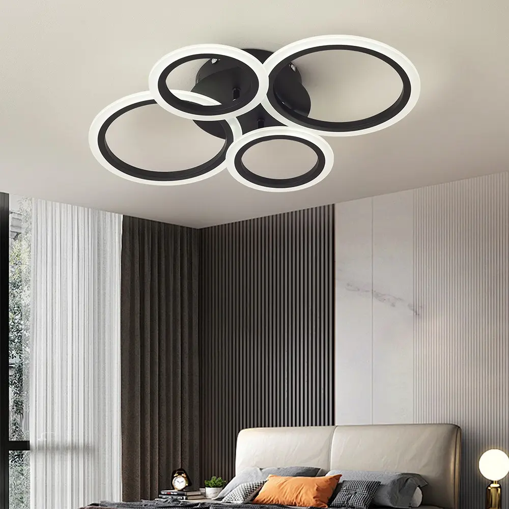 Modern four-lamp circular LED ceiling light fixture, featuring a minimalist design, requires hard-wire installation, metal finish, and includes the light source, LED Ambient Lighting, Indoor Room Lights, Home Ceiling Lighting