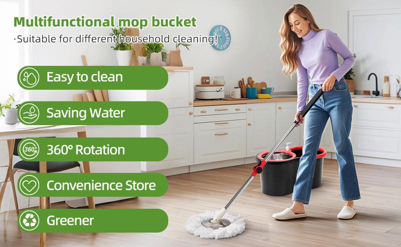 Spin Mop Bucket with Wringer Set Operable 360° Rotating Mop Bucket Set with 3 Microfiber Replacement Heads Stainless Steel 49 Inch Adjustable Handle Household Cleaning Tools Black Plastic
