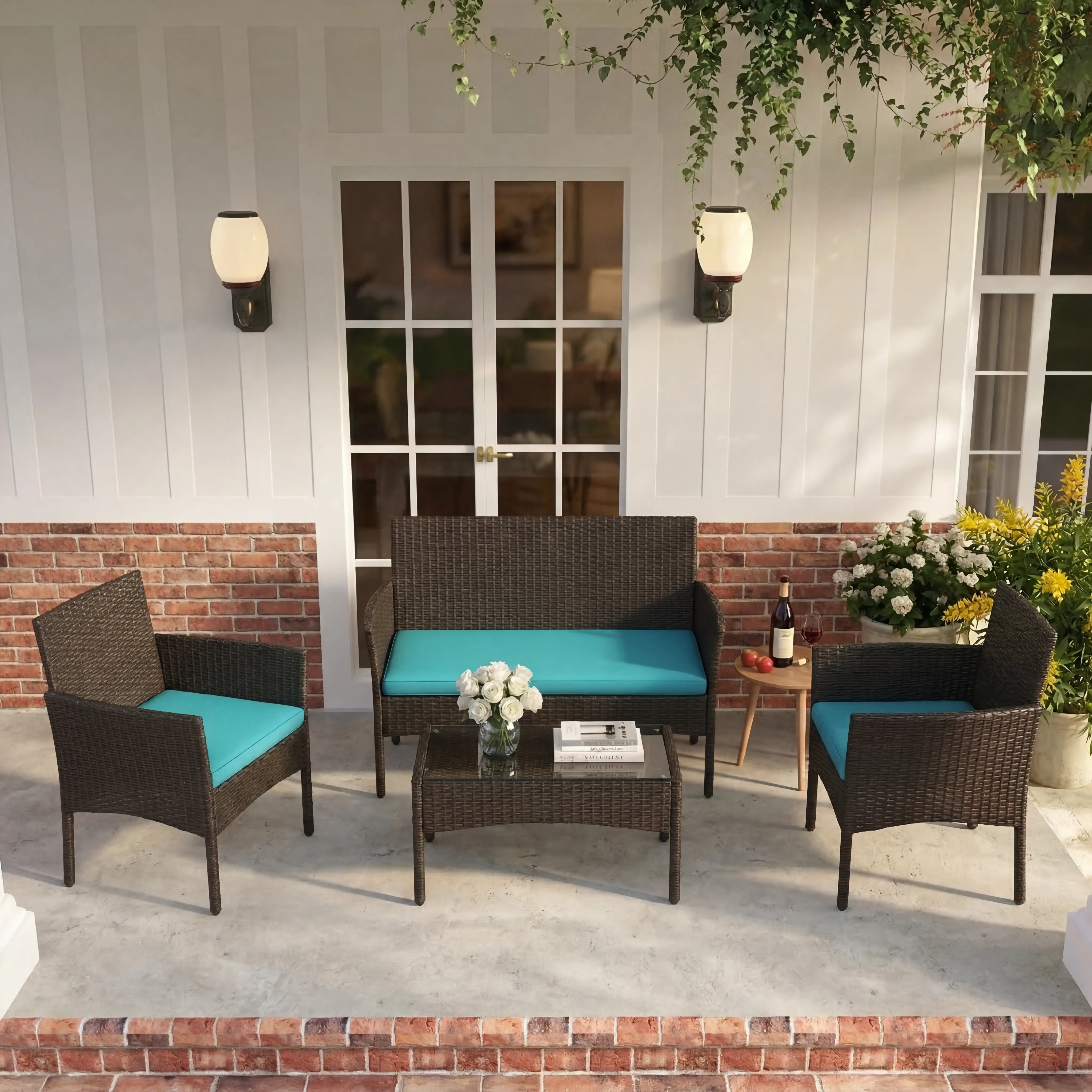 【Value Pick】Costoffs 3/4-Piece Outdoor Reception Set with 1/2-Seat Sofa 2 Single-Seat Sofas & Coffee Table Patio Rattan Furniture Tempered Glass Top Cozy Garden Seating,summerwins,outdoorfurnitureset,home decor,camping essentials